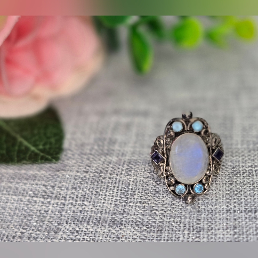 Vintage Large Moonstone with Blue Topaz & Amethyst Silver 925 Ring Size‎ 9
